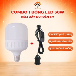 Combo 1 Bóng Đèn LED Ngoài Trời E27 30W Ánh Sáng Trắng Kèm Dây Đui Đèn 5M Có Công Tắc, Chiếu Sáng Sân, Vườn Quán Ăn
