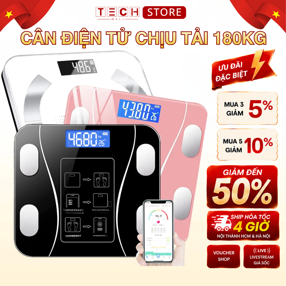 Cân Điện Tử Kết Nối Bluetooth Phân Tích Chỉ Số Cơ Thể, Trọng Lượng Tối Đa 180kg
