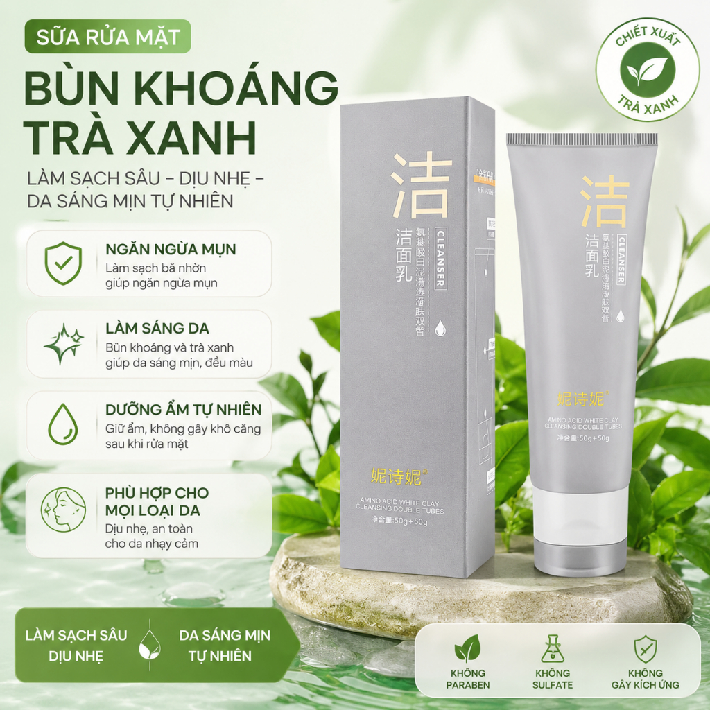 Sữa Rửa Mặt Bùn Khoáng Nishini 100ml - Làm Sạch Sâu, Giảm Mụn, Kiềm Dầu, Dưỡng Ẩm, Sáng Da - Mềm Mịn