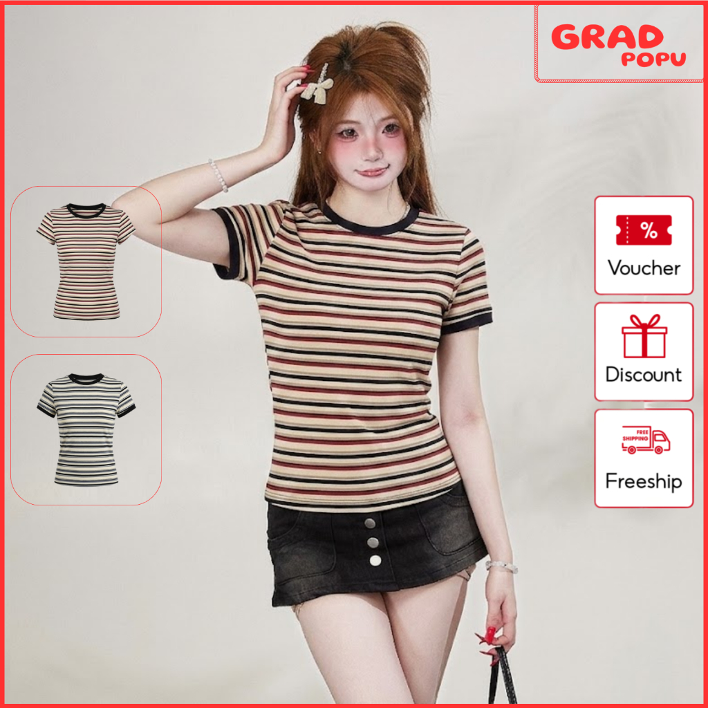 Áo thun nữ  GRADPOPU sọc ngang form ôm cổ viền tay ngắn co giãn mềm mịn phong cách Hàn Quốc AN348
