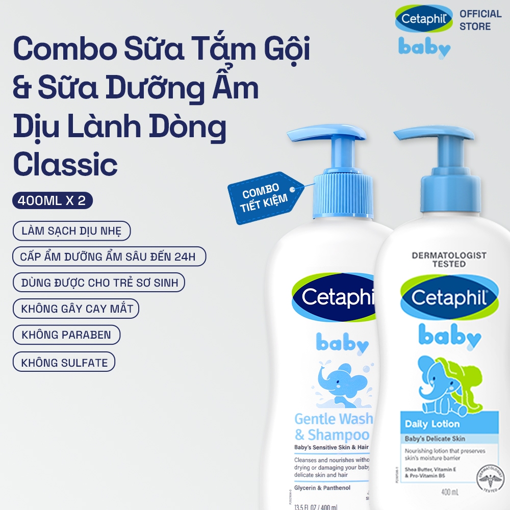 Combo Sữa tắm gội Cetaphil Baby Gentle Wash&Shampoo + Sữa dưỡng ẩm Cetaphil Baby Lotion 400ml/ chai