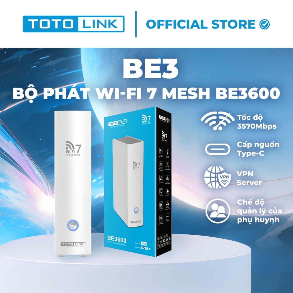 [Hỏa Tốc] Bộ phát Wifi 7 Mesh TOTOLINK BE3 Tốc độ 3570Mbps, Cổng Type-C