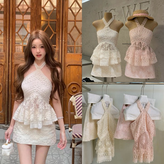 𝐏𝐡𝐢𝐞𝐧 𝐖𝐆𝐖𝐄 | (Sẵn) w9332 Set Bèo Áo Yếm Ren Peplum Mix Chân Váy A Điệu Đà