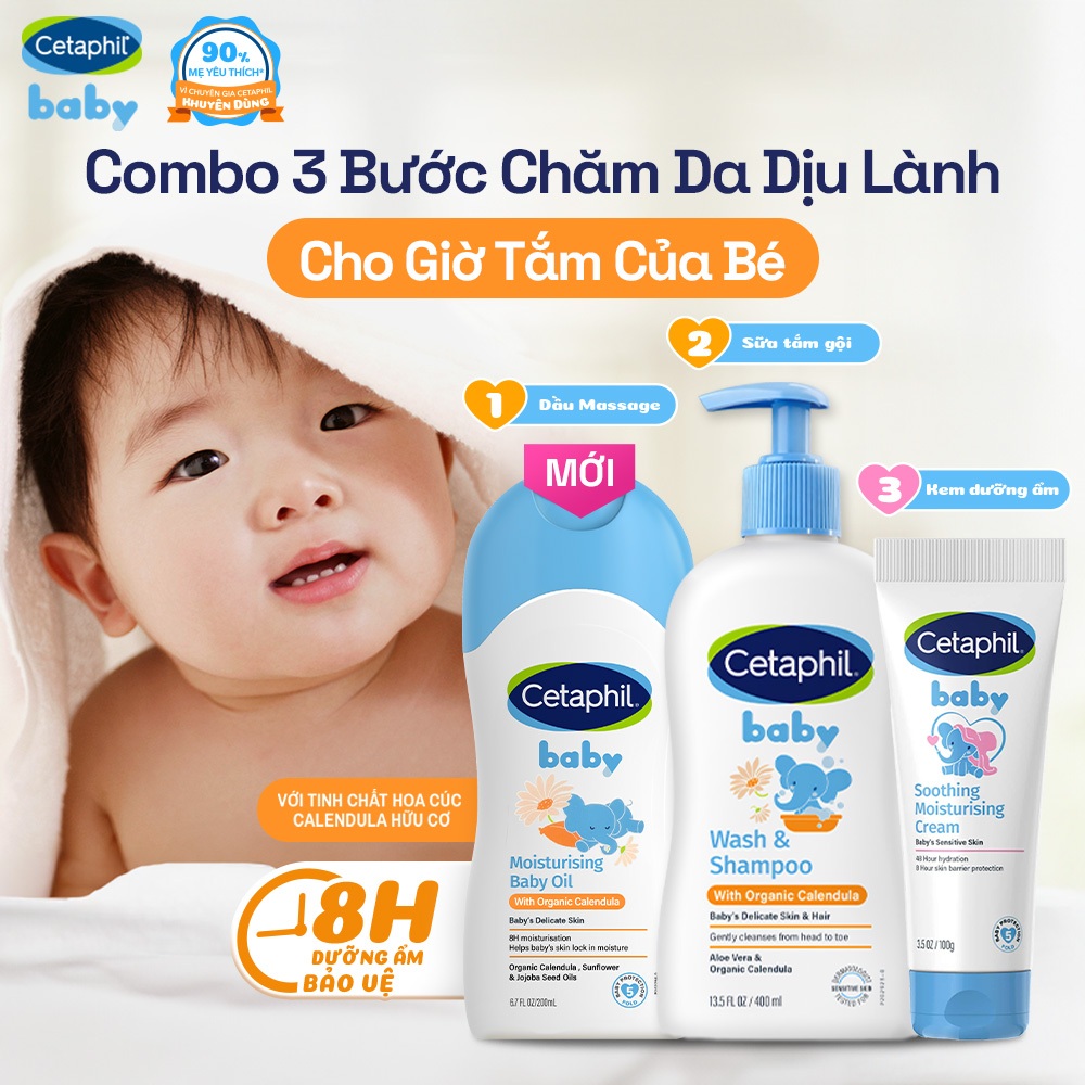 Combo Dầu massage dưỡng ẩm 200ml & Sữa tắm gội hoa cúc hữu cơ 400ML & Kem dưỡng ẩm và làm dịu 100G