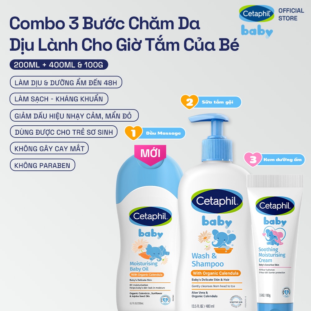 Combo Dầu massage dưỡng ẩm 200ml & Sữa tắm gội hoa cúc hữu cơ 400ML & Kem dưỡng ẩm và làm dịu 100G