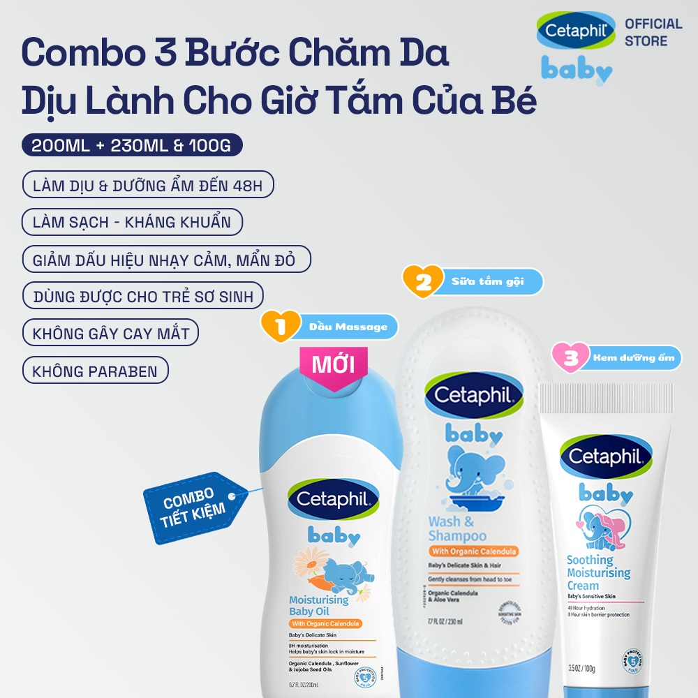 Combo dự sinh 3 bước chăm sóc da bé toàn diện Dầu Massage 200ML + Sữa tắm gội 230ML + Kem dưỡng ẩm 100G Cetaphil Baby