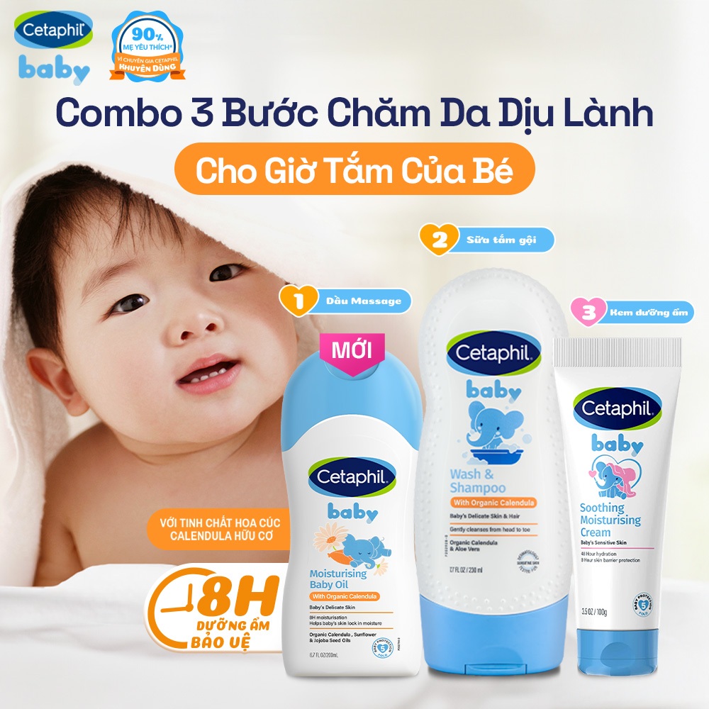 Combo dự sinh 3 bước chăm sóc da bé toàn diện Dầu Massage 200ML + Sữa tắm gội 230ML + Kem dưỡng ẩm 100G Cetaphil Baby