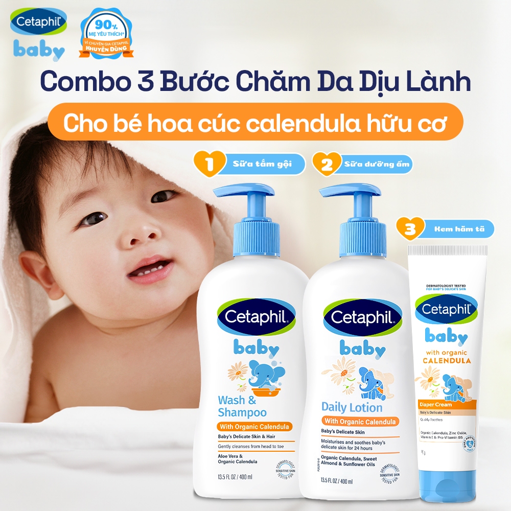 Bộ Sữa tắm gội 400ML + Sữa dưỡng ẩm 400ML + Kem chống hăm tã 70G dịu lành cho bé với Calendula hoa cúc hữu cơ