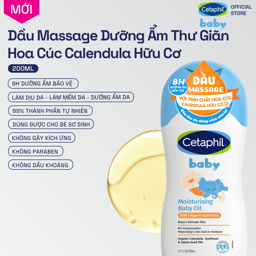 [LIVE] Dầu massage dưỡng ẩm làm dịu da bé với hoa cúc Calendula Hữu Cơ Cetaphil Baby Moisturising Baby Oil 200ml