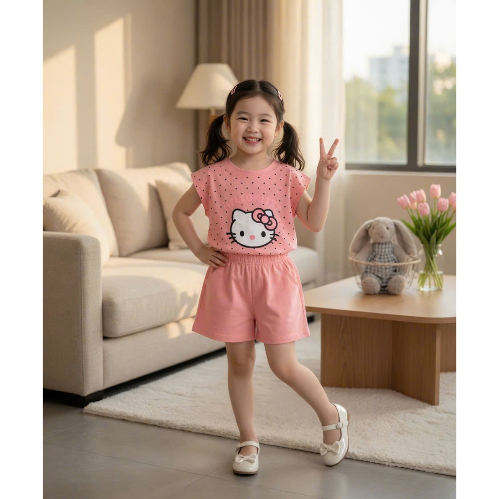 Sét Ba Lỗ Và 2 Dây Họa Tiết Kitty Chấm Bi Cho Bé Gái 9-35kg