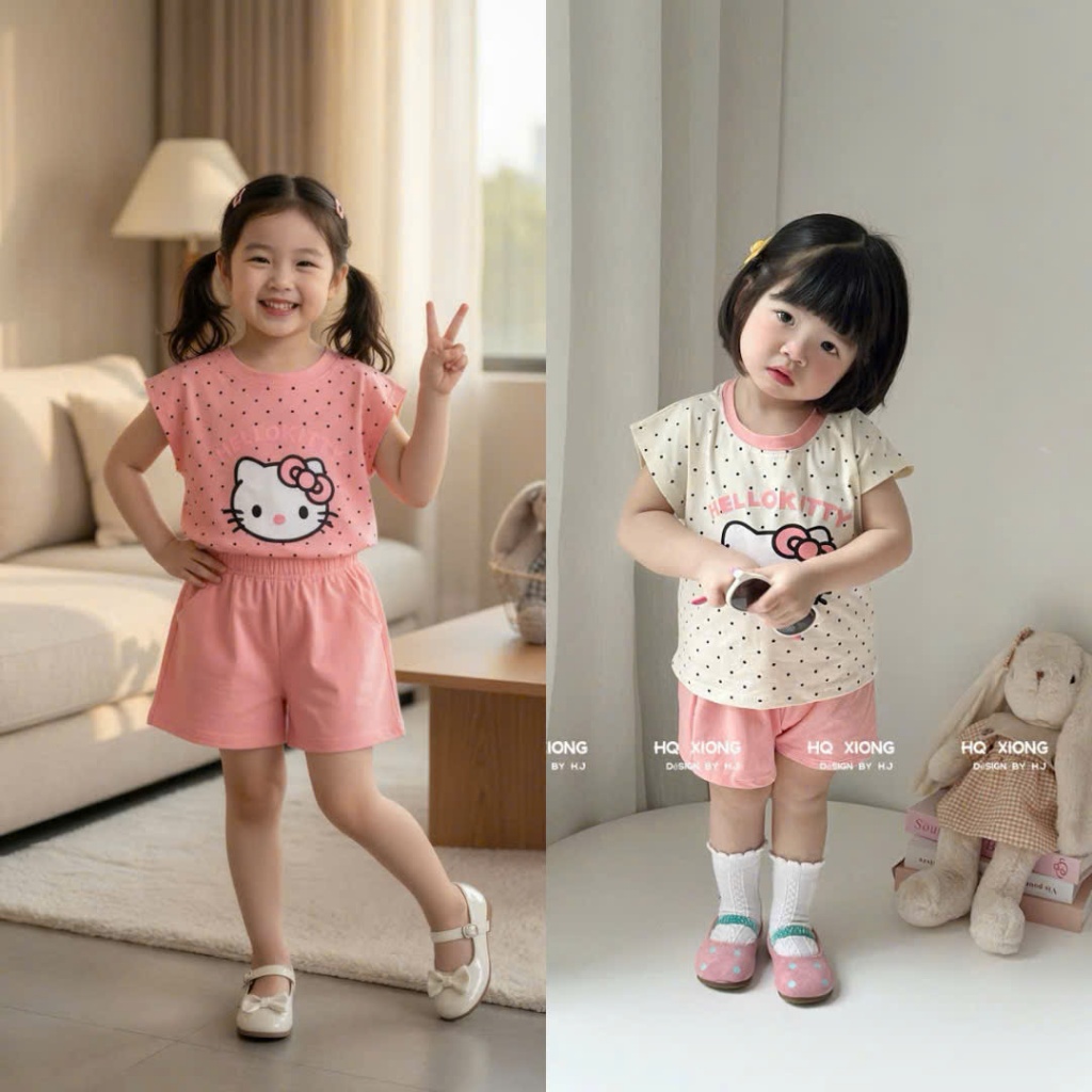 Sét Ba Lỗ Và 2 Dây Họa Tiết Kitty Chấm Bi Cho Bé Gái 9-35kg