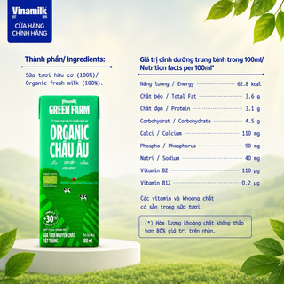 Sữa Tươi Tiệt Trùng Vinamilk Green Farm Organic Không Đường 180ml - Thùng 48 Hộp