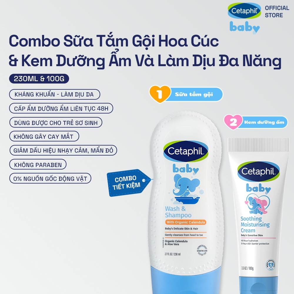 Combo 2 bước Sữa tắm gội với Calendula hoa cúc hữu cơ 230ml + Kem dưỡng ẩm làm dịu đa năng Cetaphil Baby 100Gr