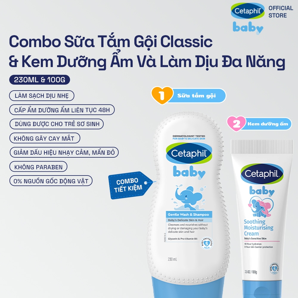 Combo 2 bước Sữa tắm gội dịu lành 230ml + Kem dưỡng ẩm làm dịu đa năng Cetaphil Baby 100Gr