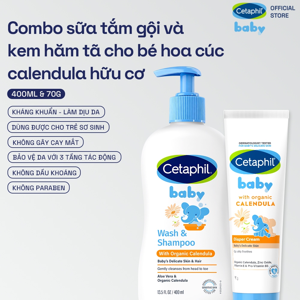 Combo Sữa tắm gội dưỡng ẩm 400ML và Kem chống hăm tã 70G dịu lành cho bé với Calendula hoa cúc hữu cơ