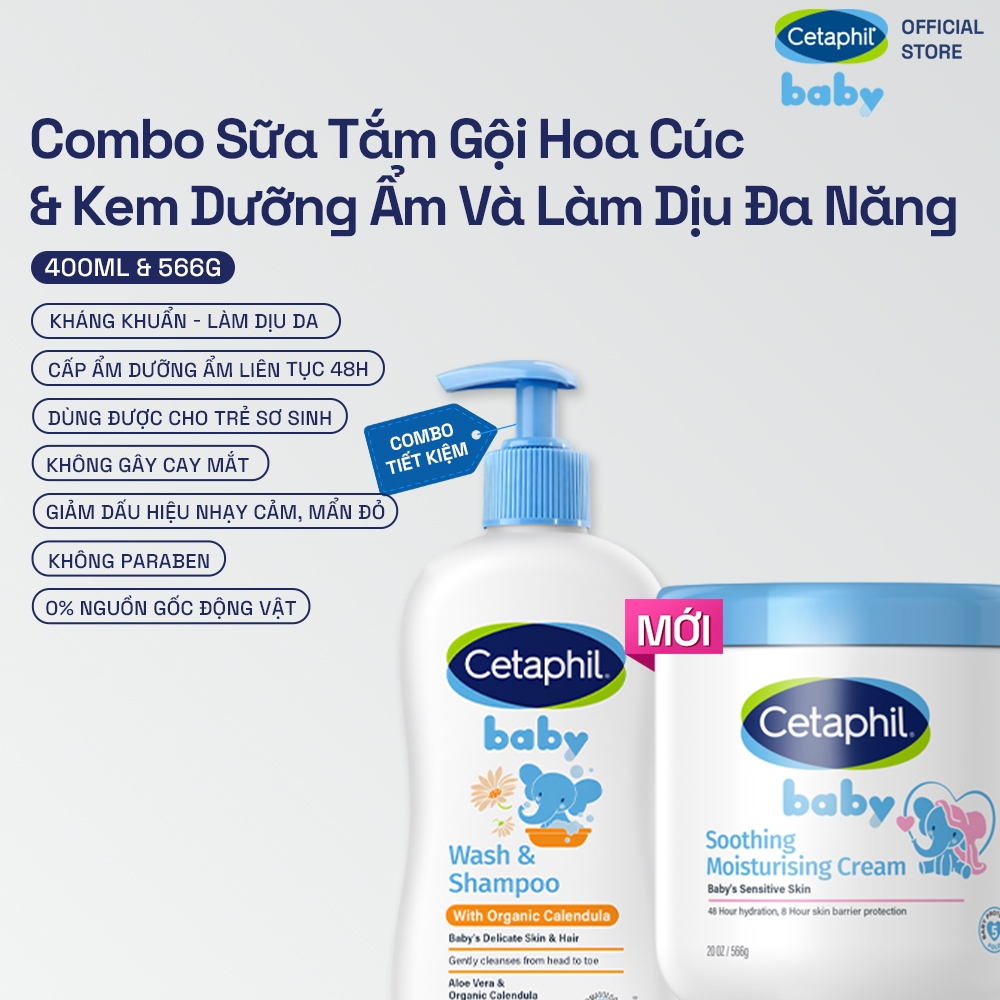 Combo Sữa tắm dưỡng gội ẩm dịu lành hoa cúc Calendula hữu cơ 400ML & Kem làm dịu và dưỡng ẩm cho bé 566G
