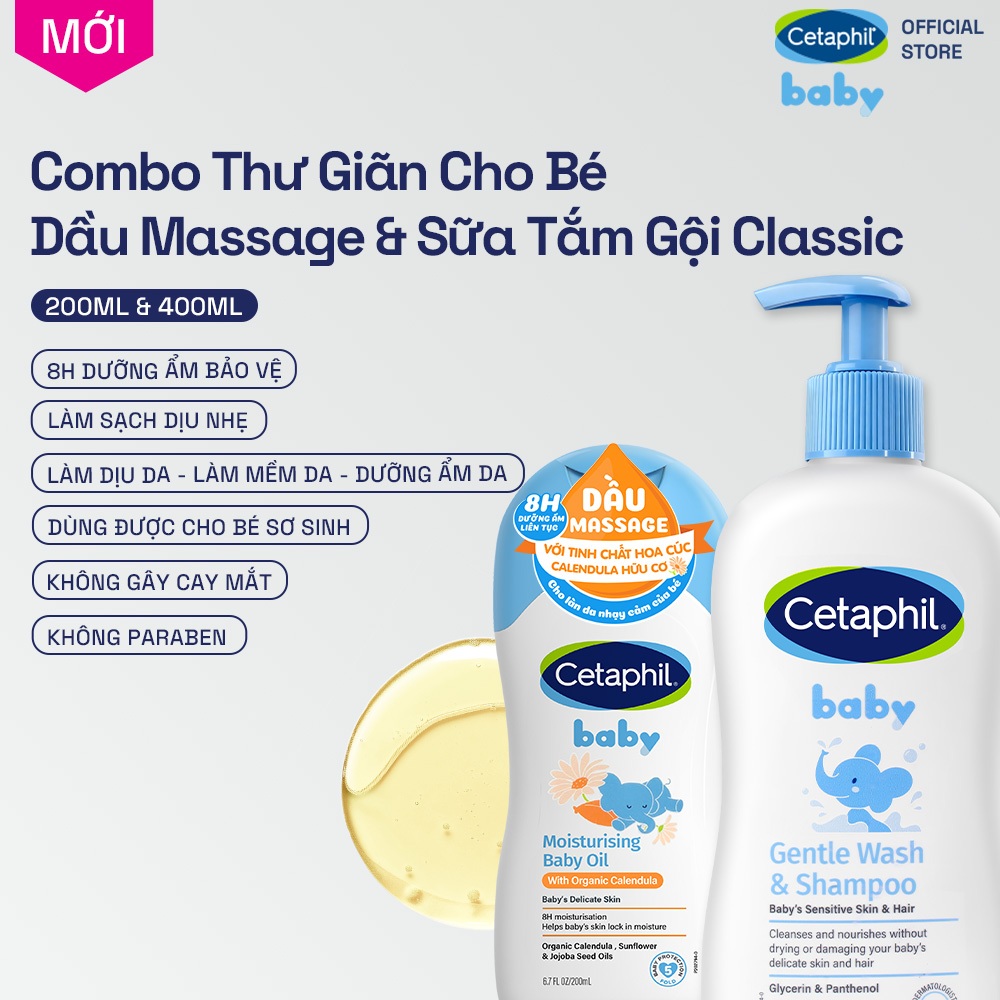 Combo Sữa tắm gội dịu lành cho bé GENTLE W&S 400ML & Dầu massage dưỡng ẩm làm dịu da bé Calendula Baby Oil 200ml