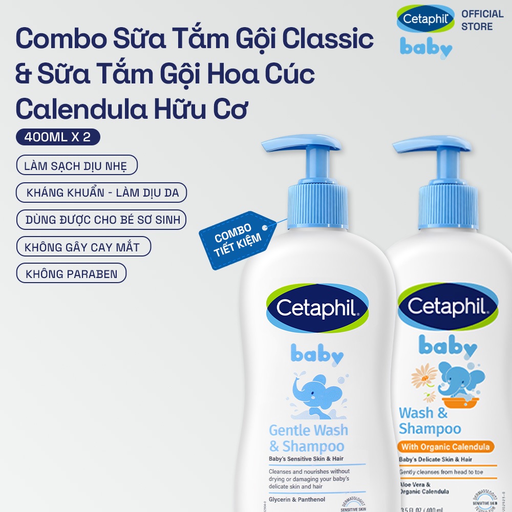 Combo sữa tắm gội dịu lành cho bé GENTLE W&S 400ML &  Sữa tắm dưỡng ẩm dịu lành cho bé với Calendula W&S 400ML