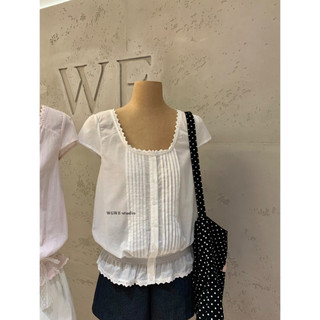 𝐏𝐡𝐢𝐞𝐧 𝐖𝐆𝐖𝐄 | (Sẵn) w9746 Áo Sơ Mi Kiểu Cổ Vuông Tròn Cộc Tay Dập Ly Trước May Xoè Dưới