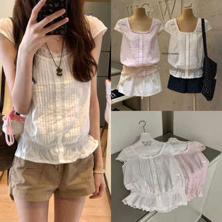𝐏𝐡𝐢𝐞𝐧 𝐖𝐆𝐖𝐄 | (Sẵn) w9746 Áo Sơ Mi Kiểu Cổ Vuông Tròn Cộc Tay Dập Ly Trước May Xoè Dưới