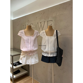 𝐏𝐡𝐢𝐞𝐧 𝐖𝐆𝐖𝐄 | (Sẵn) w9746 Áo Sơ Mi Kiểu Cổ Vuông Tròn Cộc Tay Dập Ly Trước May Xoè Dưới