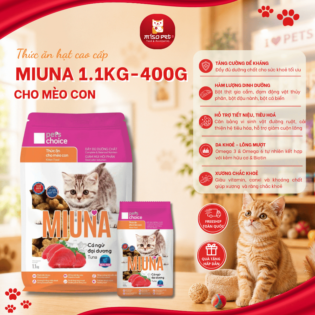 Hạt cho Mèo con MIUNA 1.1kg cung cấp dinh dưỡng toàn diện, da và lông ...