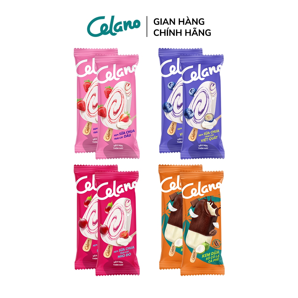 [Hỏa tốc HN/HCM] Combo kem que CELANO HOA QUẢ BỐN MÙA vị: Sữa chua dâu, Sữa chua việt quất, Sữa chua nho đỏ, Dừa Socola