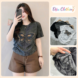 Áo Thun Kiểu Bigsize Nữ Cổ Tròn Tay Ngắn Nhún Eo Phối Họa Tiết Bướm Xinh Vải Xước A249