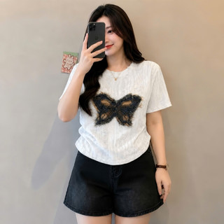 Áo Thun Kiểu Bigsize Nữ Cổ Tròn Tay Ngắn Nhún Eo Phối Họa Tiết Bướm Xinh Vải Xước A249