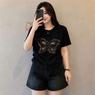 Áo Thun Kiểu Bigsize Nữ Cổ Tròn Tay Ngắn Nhún Eo Phối Họa Tiết Bướm Xinh Vải Xước A249