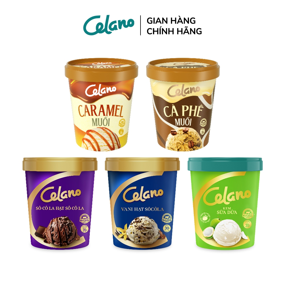 [Hỏa tốc HN/HCM] Combo kem hộp giấy CELANO CÊ ĐÊ MÊ 5 vị: Caramel muối, Cà phê muối, Socola, Vani hạt socola, Dừa