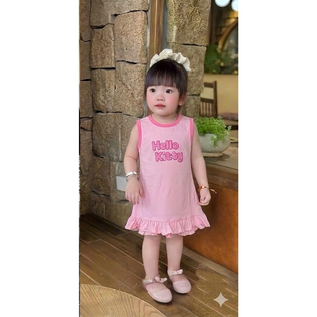 Vày Xuông Sát Nách Hello Kitty Phối Bèo Dành Cho Bé Từ 9-35kg