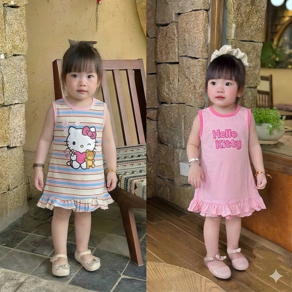 Vày Xuông Sát Nách Hello Kitty Phối Bèo Dành Cho Bé Từ 9-35kg