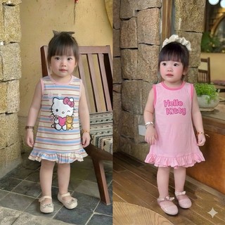 Đầm bé gái in hình Hello Kitty, dáng suông thoải mái, thiết kế bèo nhún điệu đà 9-33kg