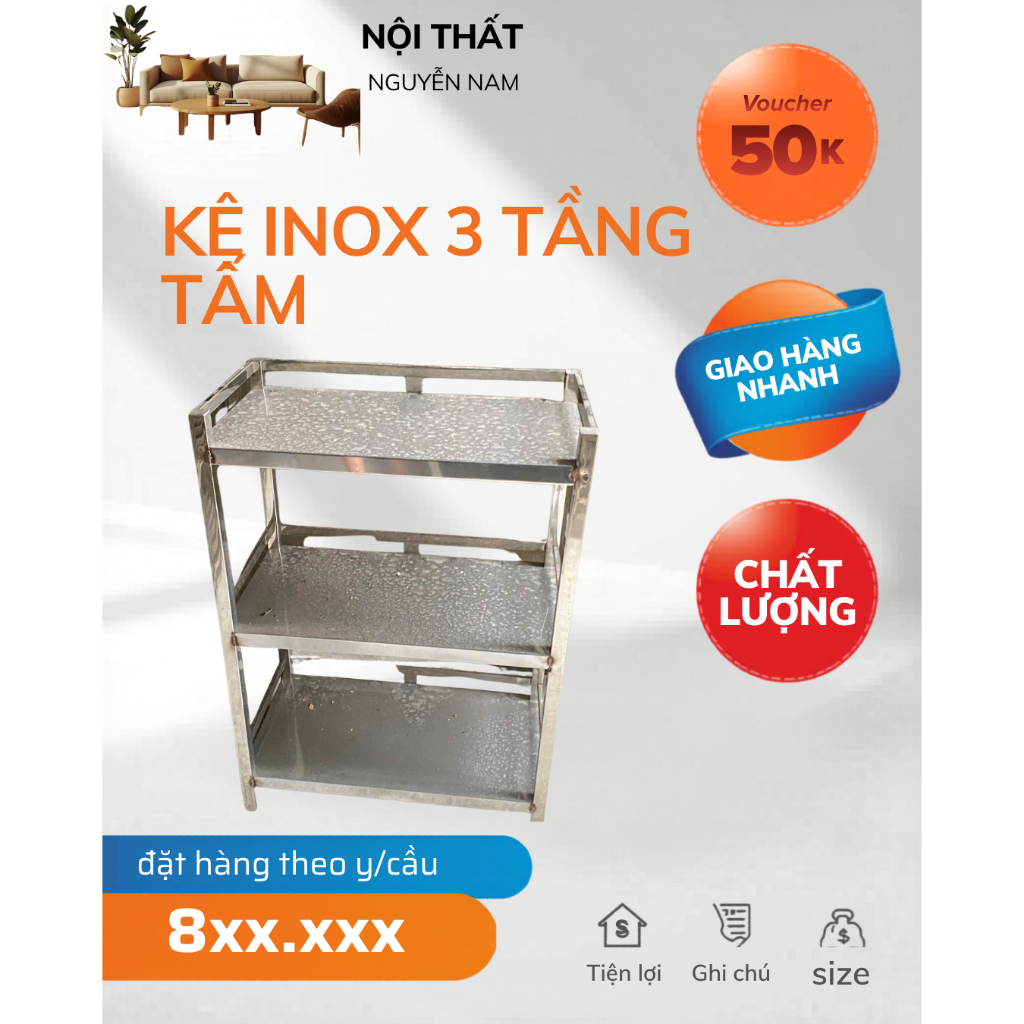 Kệ inox 3 tầng mặt tấm, Đa năng, thiết kế chắc chắn, bền đẹp, chịu lực tốt