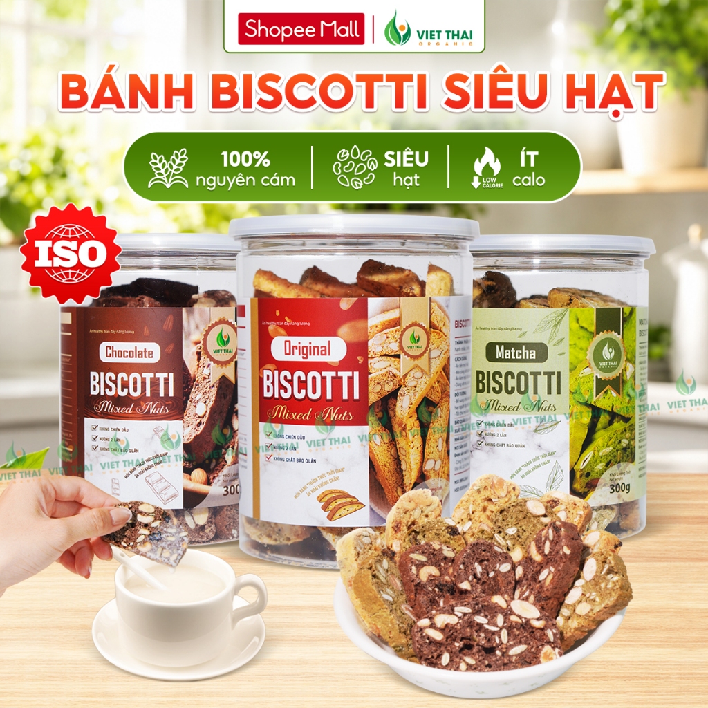Bánh Biscotti Vị Truyền Thống, Matcha, Choco Healthy Nguyên Cám Siêu Hạt Dinh Dưỡng Việt Thái