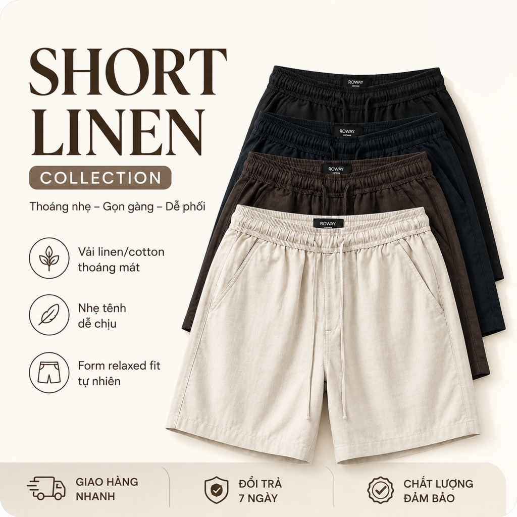 Quần short nam ROWAY, chất liệu linen cotton | Quần short dệt cạp chun