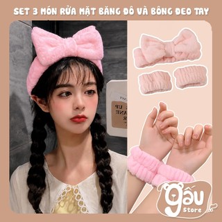 Set 3 Món Băng Đô Nơ Và Bông Đeo Tay Rửa Mặt, Tẩy Trang Chống Ướt Áo, Ướt Tóc Cotton Mềm Mại Thấm Nước