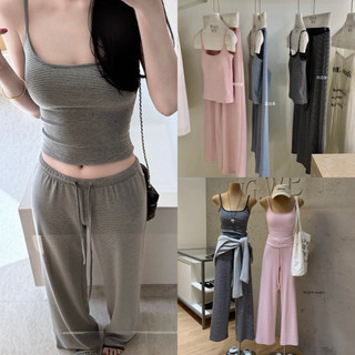 𝐏𝐡𝐢𝐞𝐧 𝐖𝐆𝐖𝐄 | (Sẵn) w9586 Set Áo 2 Dây Crt Có Mút Ngực Mix Quần ống Suông Hoạ Tiết Kẻ Ngang