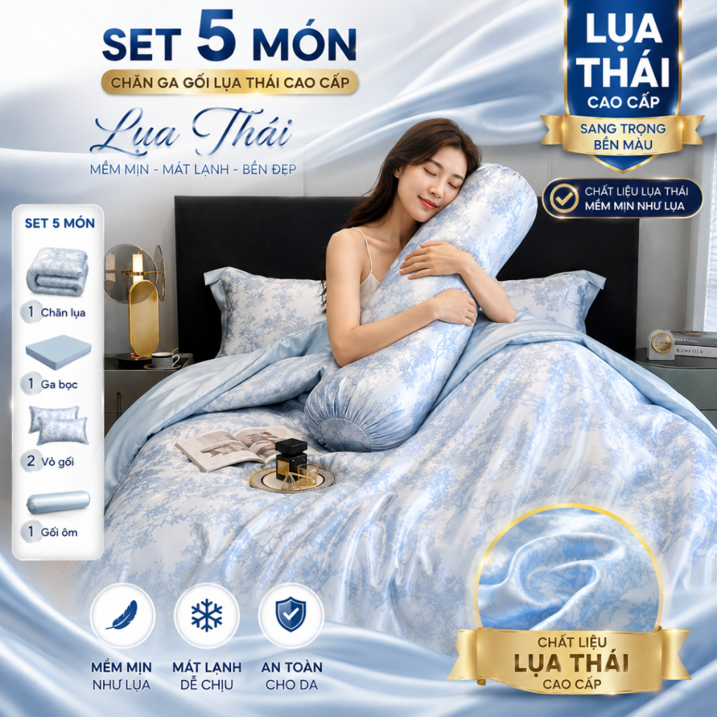 Bộ chăn ga gối lụa Thái 5 món