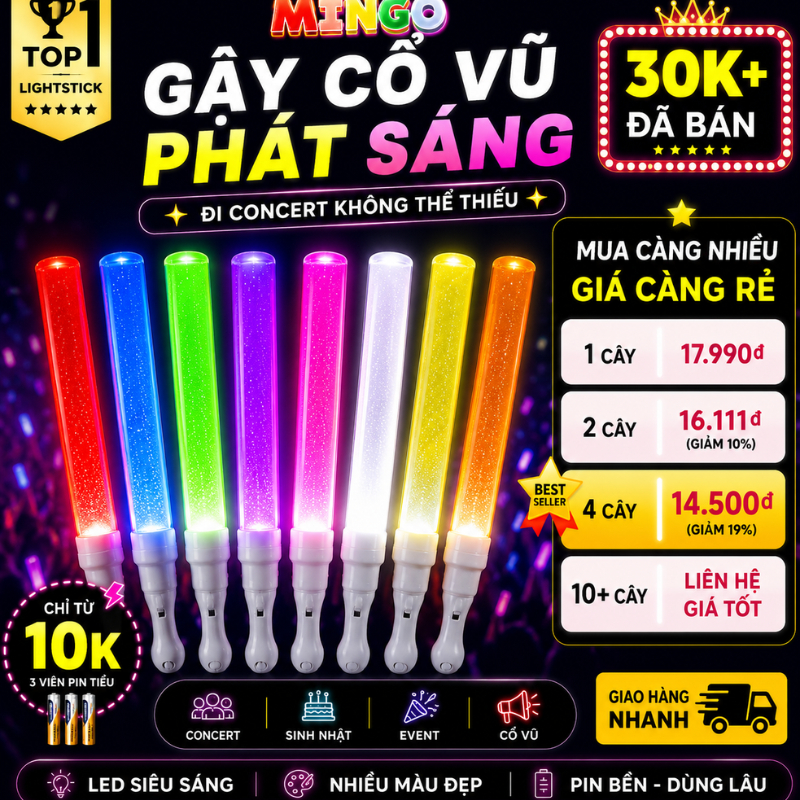 Gậy cổ vũ lightstick [IN LOGO] buổi hoà nhạc concert phát sáng nhiều màu gậy cổ động kèm pin -Mingo