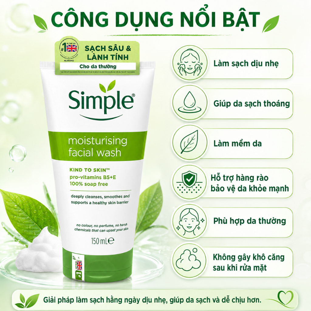 Sữa Rửa Mặt Simple Cho Mọi Loại Da, Giúp Sạch Bụi Bẩn, Tạo Cảm Giác Mềm Mịn Và Giảm Dầu Thừa Trên Da 150ML