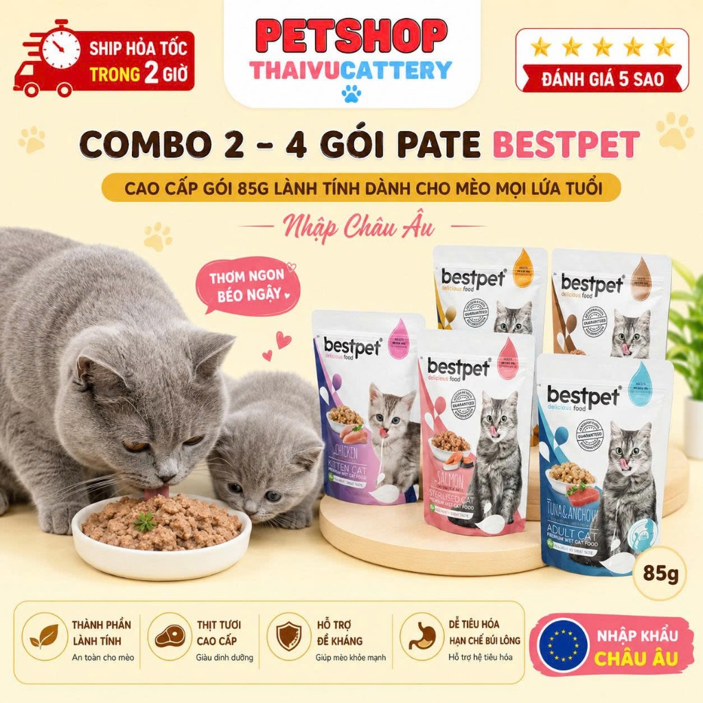 Combo 2 - 4 gói Pate Bestpet cao cấp gói 85g lành tính dành cho mèo mọi lứa tuổi nhập Châu Âu