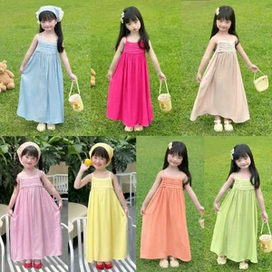 Váy 2 Dây Maxi Dáng Dài Đi Biển Cho Bé Gái (Đến Mắt Cá Chân)- Chất Jean lụa siêu mát