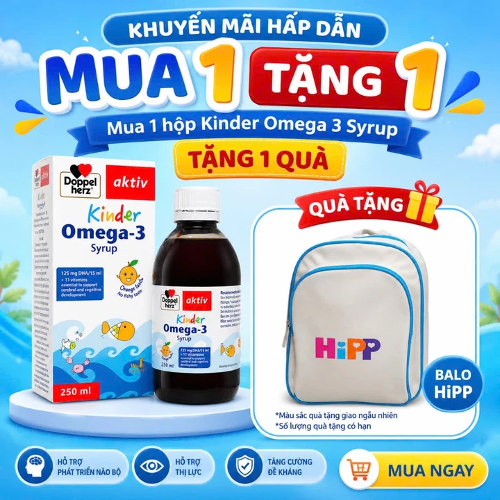 Siro Doppelherz Aktiv Kinder Omega-3 Syrup - Bổ sung DHA cho bé giúp Bổ Não, Tăng Thị Lực, Miễn Dịch 250ml