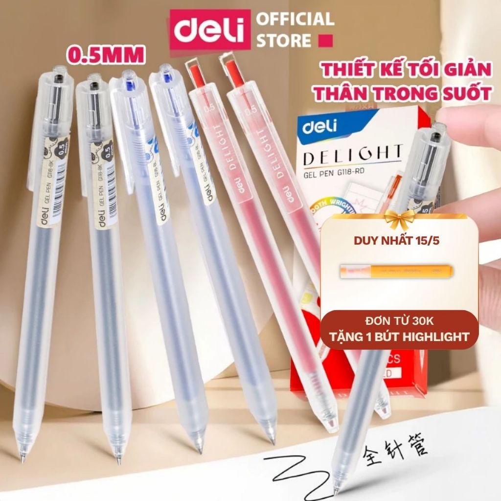 [🔥DEAL 9K] Bút Bi Mực Gel Deli Thân Mờ Trong Suốt màu đen đỏ xanh ngòi 0.5mm viết trơn mực đều học sinh - 1