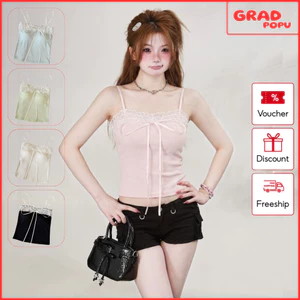Áo 2 dây nữ GRADPOPU dáng ôm eo viền ren nơ ngực vải gân co giãn bánh bèo phong cách Hàn Quốc PB48