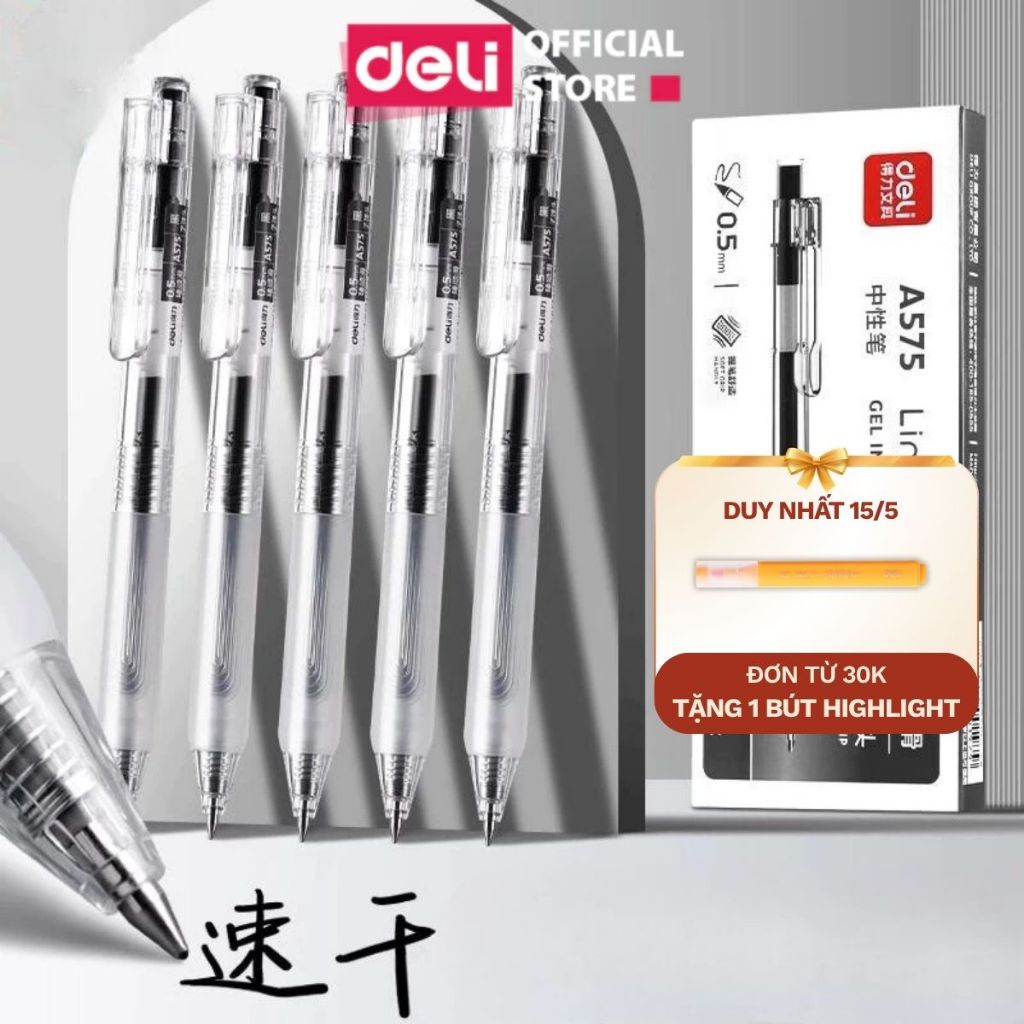 [🔥10K/2 BÚT] Bút bi gel bấm văn phòng Deli mực đen ngòi 0.5mm học sinh mực đều chữ đẹp A575 có ruột xanh thay thế - 1