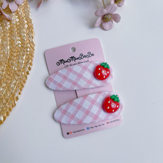 Set 2 kẹp tóc tone hồng dính charm, kẹp bật caro charm dâu, kitty