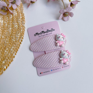 Set 2 kẹp tóc tone hồng dính charm, kẹp bật caro charm dâu, kitty